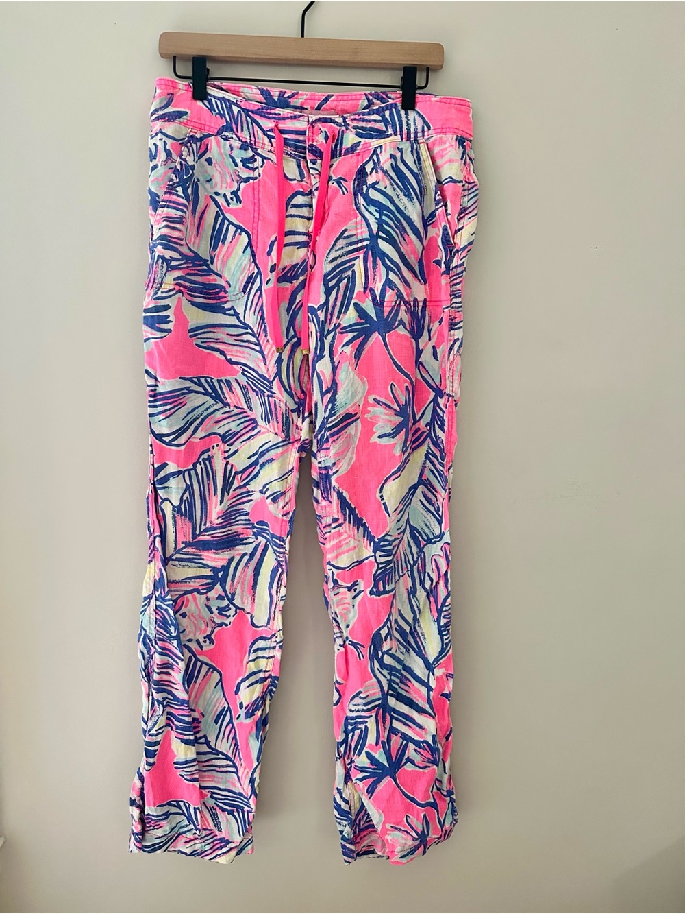 Lilly Pulitzer Pink Tropical Leaf 100% Linen Trouser Pants with Drawstring - Picture 1 of 12